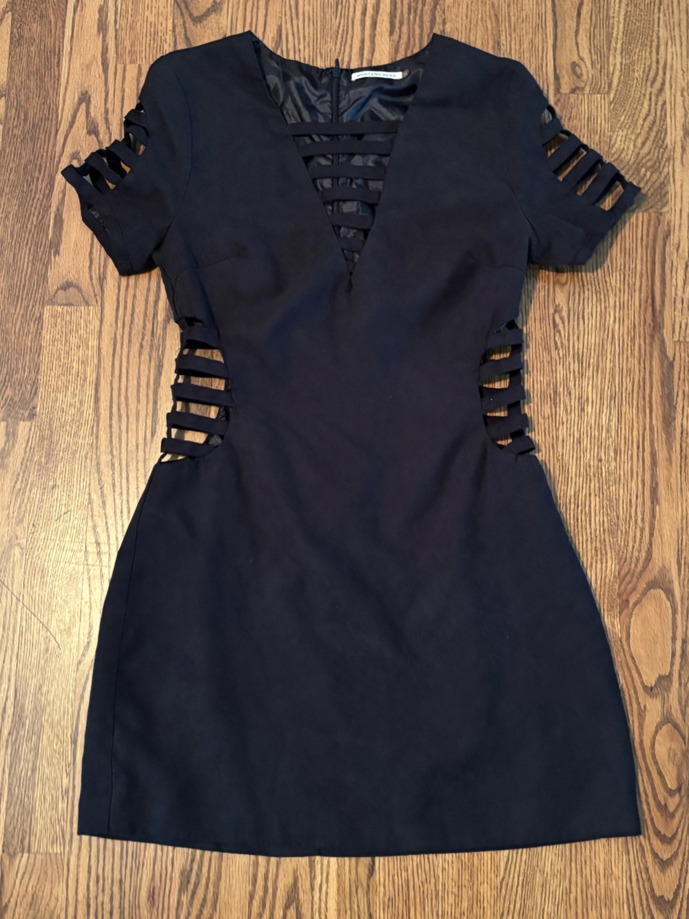 Mustard Seed Black Cutout Mini Dress S Ladder Slit, Suede Look, Nightlife-Ready